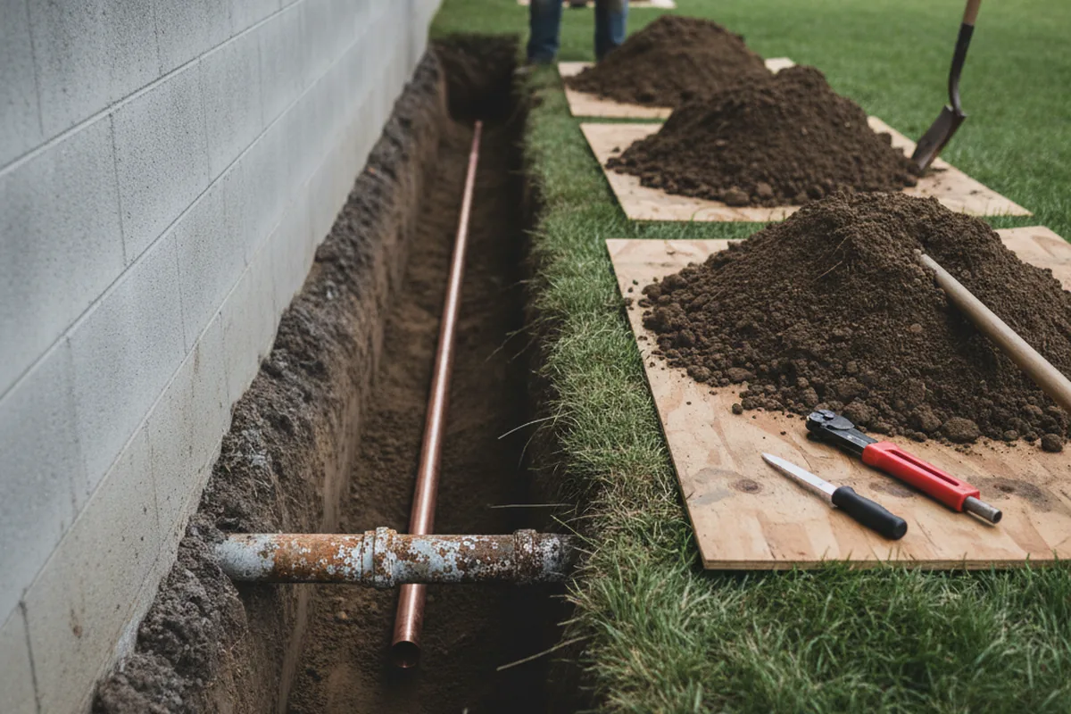 Excavated water line trench during Sewer Line Repair in Lincroft